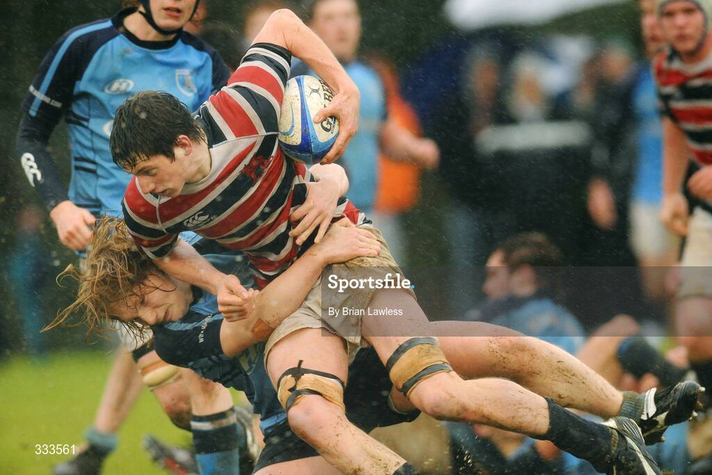 14 January 2009; Jono Rice, Wesley College, is tackled by Aubrey Marshall, Newpark. Leinster Schools Vinnie Murray Senior Cup First Round - Section B, Newpark v Wesley College, Kiltiernan, Co. Dublin. Picture credit: Brian Lawless / SPORTSFILE