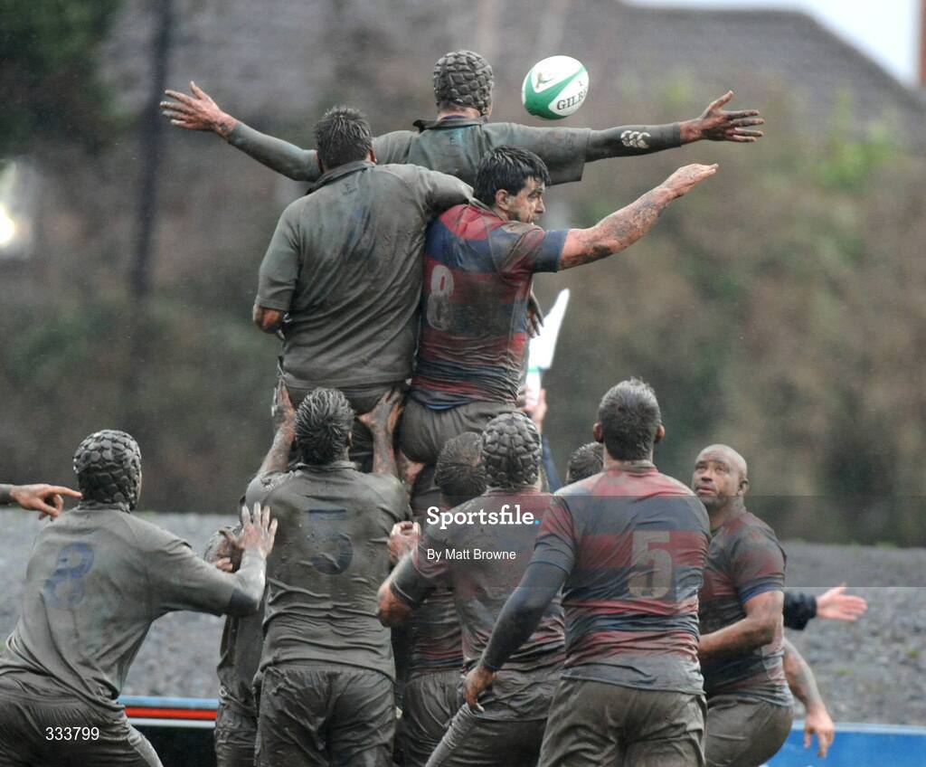 17 January 2009; Martin Garvey, Clontarf, in action during the lineout against Arthur Houlihan and Brian Cawley, 4, UCD. AIB League Division 1, Clontarf v UCD, Castle Avenue, Clontarf, Dublin. Picture credit: Matt Browne / SPORTSFILE