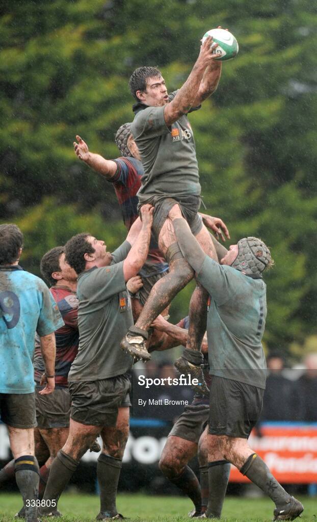 17 January 2009; Brian Cawley, UCD, takes the ball in the lineout against Simon Crawford, Clontarf. AIB League Division 1, Clontarf v UCD, Castle Avenue, Clontarf, Dublin. Picture credit: Matt Browne / SPORTSFILE