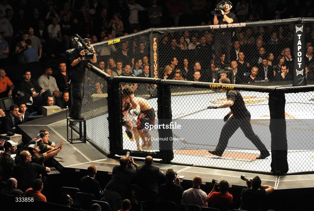 17 January 2009; Thomas "The Tank" Egan is pinned to the fence by John Hathaway during their welterweight bout. UFC 93, Ultimate Fighting Championship, The O2, Dublin. Picture credit: Diarmuid Greene / SPORTSFILE