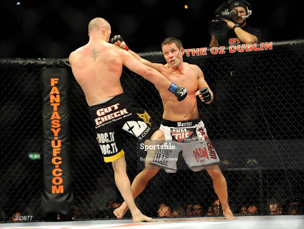 17 January 2009; Marcus "The Irish Hand Grenade" Davis, right, in action against Chris "Lights Out" Lytle during their welterweight bout. UFC 93, Ultimate Fighting Championship, The O2, Dublin. Picture credit: Diarmuid Greene / SPORTSFILE