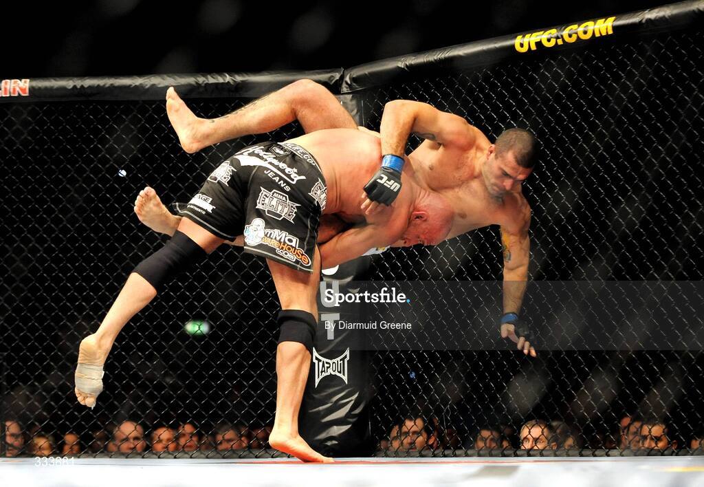 17 January 2009; Mark "The Hammer" Coleman tackles Mauricio "Shogun" Rua to the canvas during their light heavyweight bout. UFC 93, Ultimate Fighting Championship, The O2, Dublin. Picture credit: Diarmuid Greene / SPORTSFILE