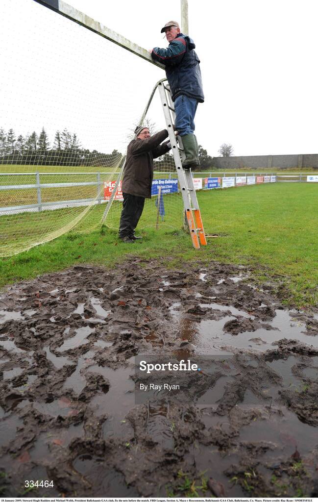 18 January 2009; Steward Hugh Rudden and Michael Webb, President Ballyhaunis GAA club, fix the nets before the match. FBD League, Section A, Mayo v Roscommon, Ballyhaunis GAA Club, Ballyhaunis, Co. Mayo. Picture credit: Ray Ryan / SPORTSFILE