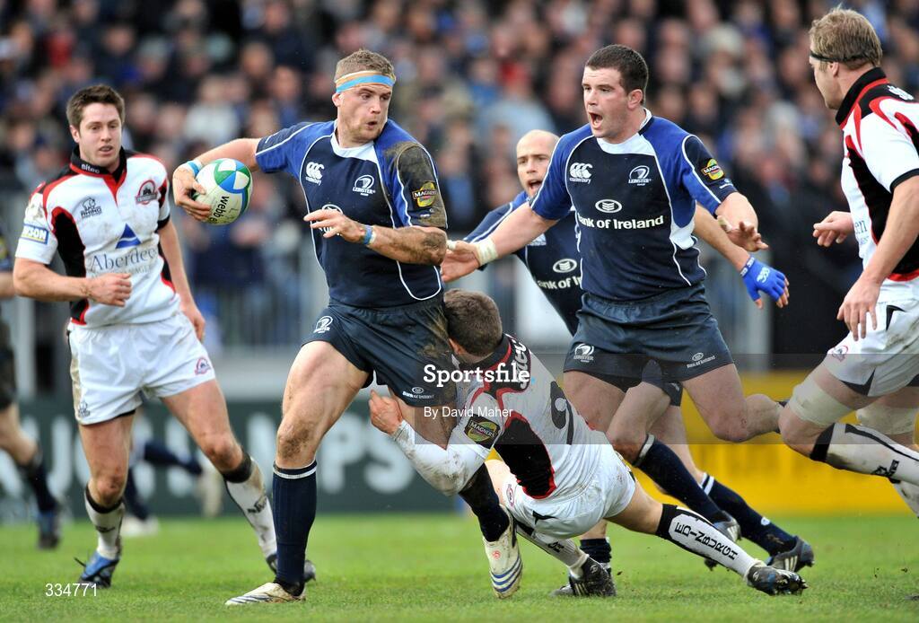 25 January 2009; Jamie Heaslip, Leinster, is tackled by Greig Laidlaw, Edinburgh. Heineken Cup, Pool 2, Round 6, Leinster v Edinburgh, RDS, Dublin. Picture credit: David Maher / SPORTSFILE