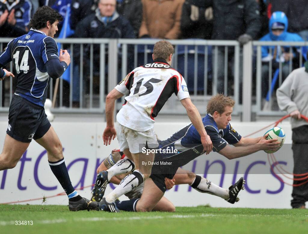 25 January 2009; Luke Fitzgerald, Leinster, goes over to score a try, which was subsequently disallowed for a forward pass, despite the attention of Andrew Turnbull, and Chris Paterson, 15, Edinburgh. Heineken Cup, Pool 2, Round 6, Leinster v Edinburgh, RDS, Dublin.. Picture credit: David Maher / SPORTSFILE