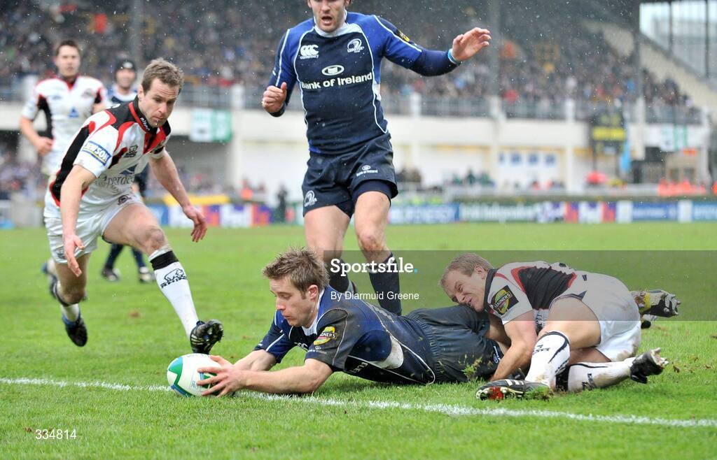 25 January 2009; Luke Fitzgerald, Leinster, goes over to score a try, which was subsequently disallowed for a forward pass, despite the attention of Andrew Turnbull, and Chris Paterson, left, Edinburgh. Heineken Cup, Pool 2, Round 6, Leinster v Edinburgh, RDS, Dublin. Picture credit: Diarmuid Greene / SPORTSFILE