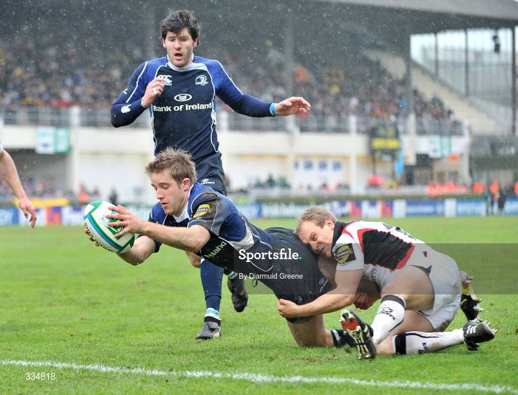 25 January 2009; Luke Fitzgerald, Leinster, goes over to score a try, which was subsequently disallowed for a forward pass, despite the attention of Andrew Turnbull, Edinburgh. Heineken Cup, Pool 2, Round 6, Leinster v Edinburgh, RDS, Dublin. Picture credit: Diarmuid Greene / SPORTSFILE