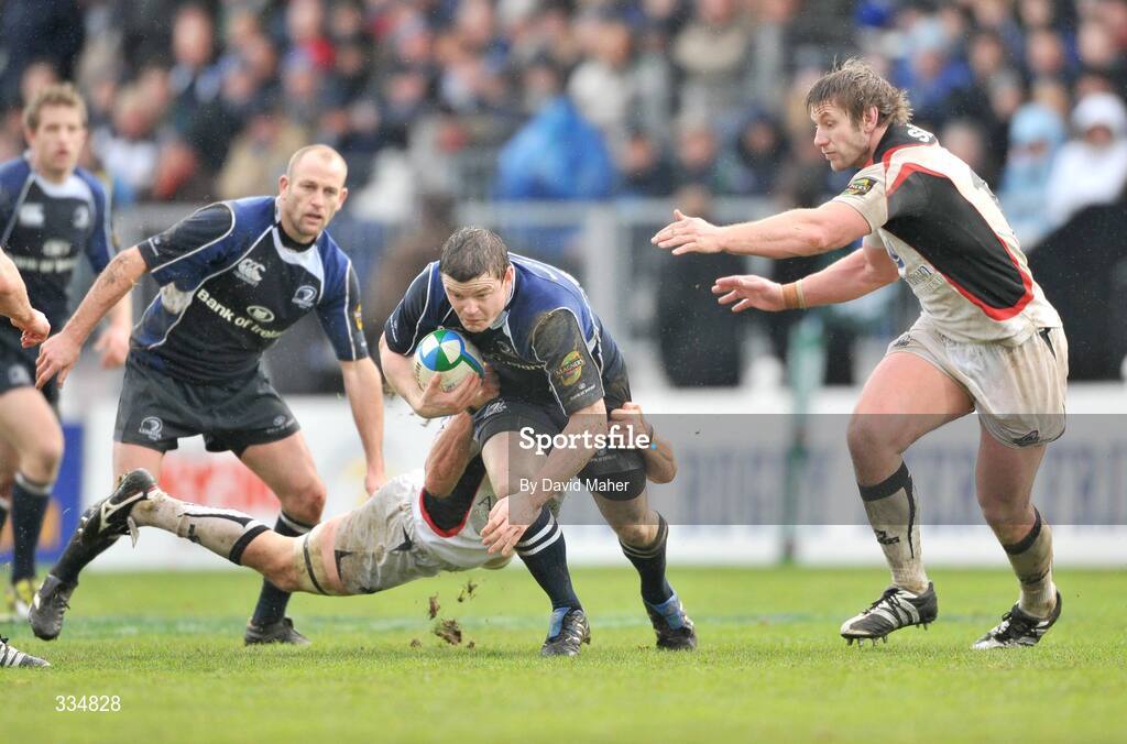 25 January 2009; Brian O'Driscoll, Leinster, is tackled by Greig Laidlaw, Edinburgh. Heineken Cup, Pool 2, Round 6, Leinster v Edinburgh, RDS, Dublin. Picture credit: David Maher / SPORTSFILE