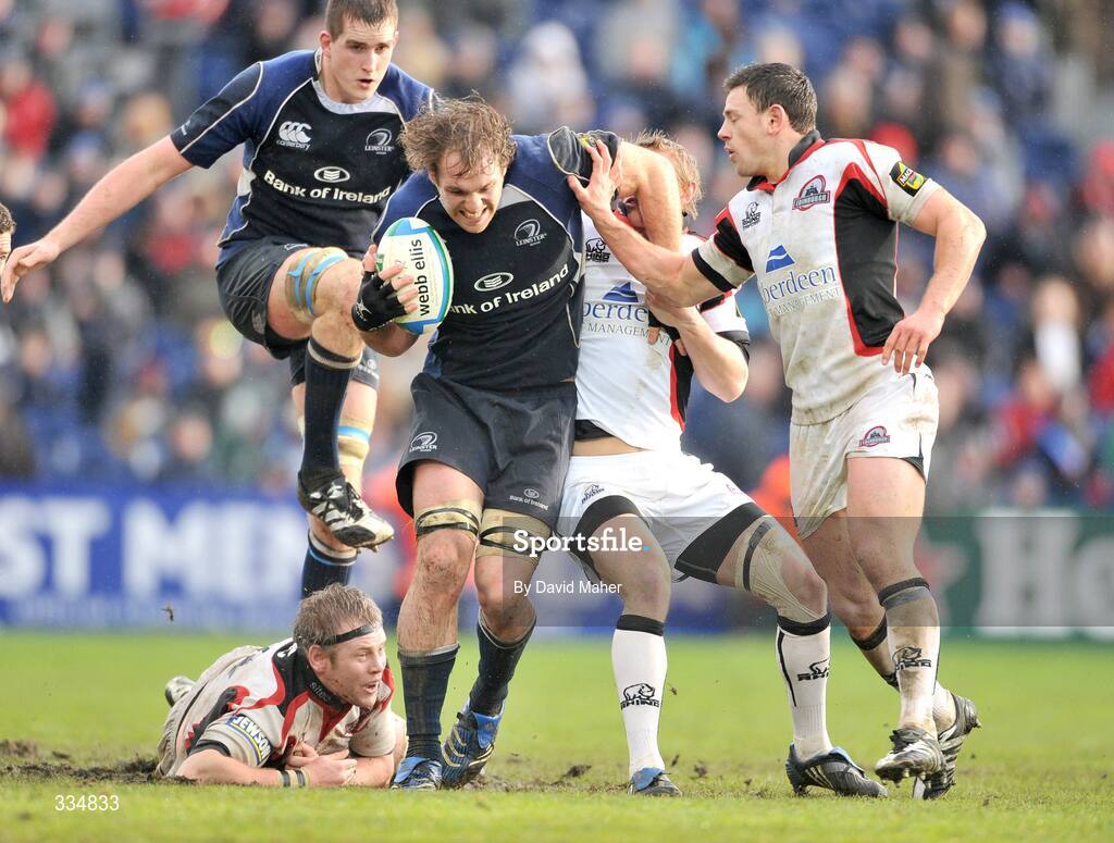 25 January 2009; Rocky Elsom, Leinster, is tackled by Andrew Turnbell, right, Jim Thompson, and Nick De Luca, far right, Edinburgh. Heineken Cup, Pool 2, Round 6, Leinster v Edinburgh, RDS, Dublin. Picture credit: David Maher / SPORTSFILE