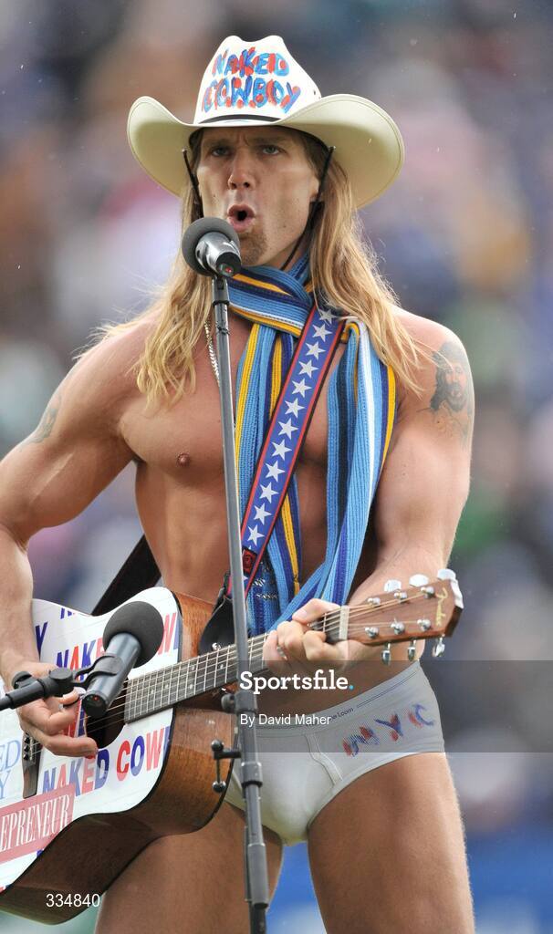 25 January 2009; The 'Naked Cowboy' entertains the crowd at half-time. Heineken Cup, Pool 2, Round 6, Leinster v Edinburgh, RDS, Dublin. Picture credit: David Maher / SPORTSFILE