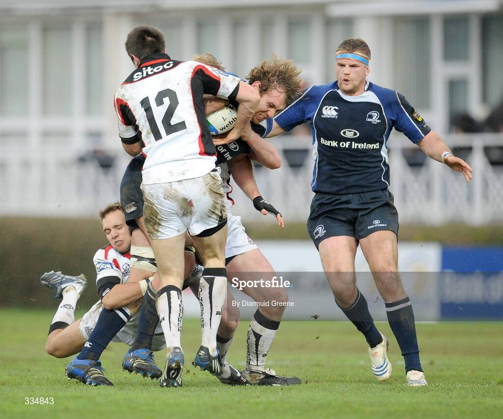 25 January 2009; Rocky Elsom, supported by Jamie Heaslip, Leinster, is tackled by John Houston no.12, David Blair, and Simon Cross, Edinburgh. Heineken Cup, Pool 2, Round 6, Leinster v Edinburgh, RDS, Dublin. Picture credit: Diarmuid Greene / SPORTSFILE