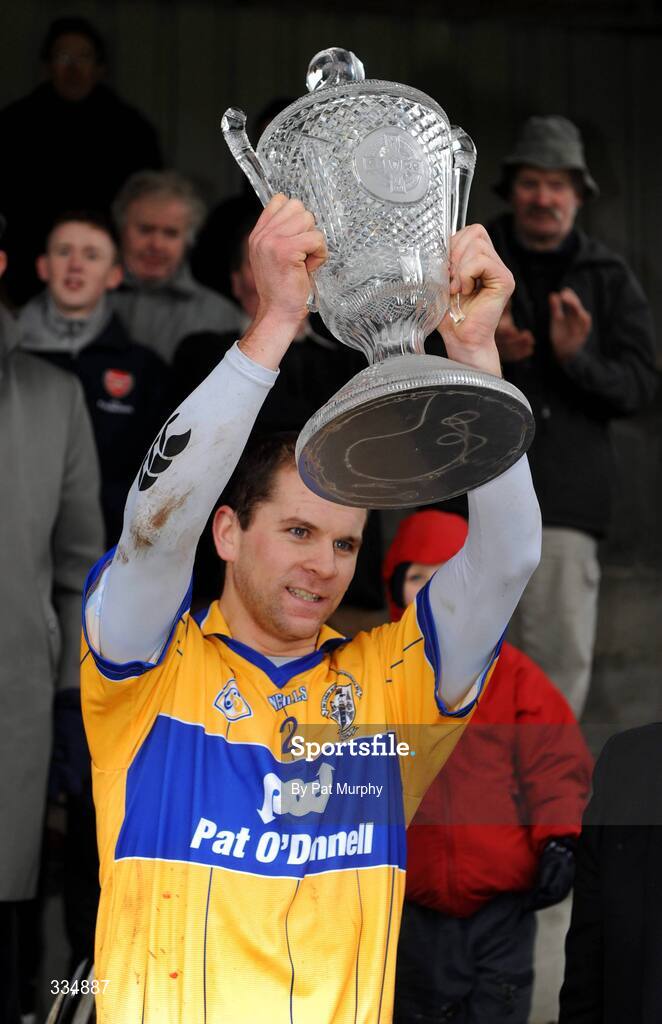 25 January 2009; Clare's Gerry O'Grady lifts the Waterford Crystal Cup. Waterford Crystal Cup Hurling Final, Clare v Tipperary, Ogonnolloe, Co. Clare. Picture credit: Pat Murphy / SPORTSFILE
