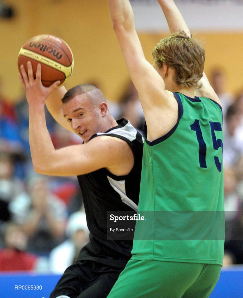 26 January 2009; Paul Harrison, Colaiste an Spioraid Naoimh, in action against Andruis Aukstakis, St. Aidans Comprehensive. Basketball Ireland Schools Cup Finals, Boys U19 B Final, Colaiste an Spioraid Naoimh, Bishopstown, Cork v St. Aidans Comprehensive, Cootehill, Co Cavan, National Basketball Arena, Tallaght. Photo by Sportsfile