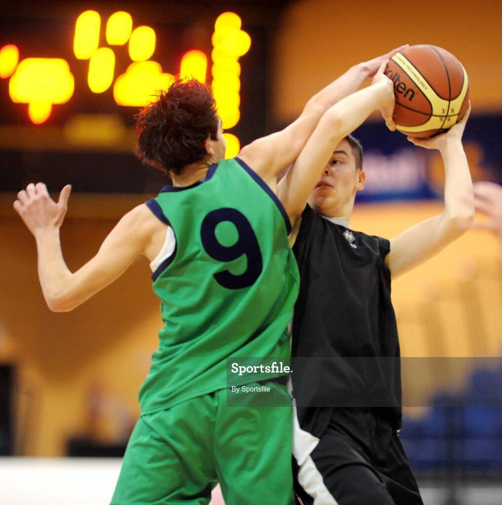 26 January 2009; Ger Hurley, Colaiste an Spioraid Naoimh, in action against Dean Connolly, St. Aidans Comprehensive. Basketball Ireland Schools Cup Finals, Boys U19 B Final, Colaiste an Spioraid Naoimh, Bishopstown, Cork v St. Aidans Comprehensive, Cootehill, Co Cavan, National Basketball Arena, Tallaght. Photo by Sportsfile