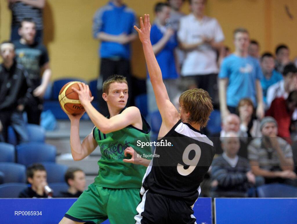26 January 2009; Daragh Mcmenamin, St. Aidan's Comprehensive, in action against Barry Denieffe, Colaiste an Spioraid Naoimh. Basketball Ireland Schools Cup Finals, Boys U19 B Final, Colaiste an Spioraid Naoimh, Bishopstown, Cork v St. Aidans Comprehensive, Cootehill, Co Cavan, National Basketball Arena, Tallaght. Photo by Sportsfile