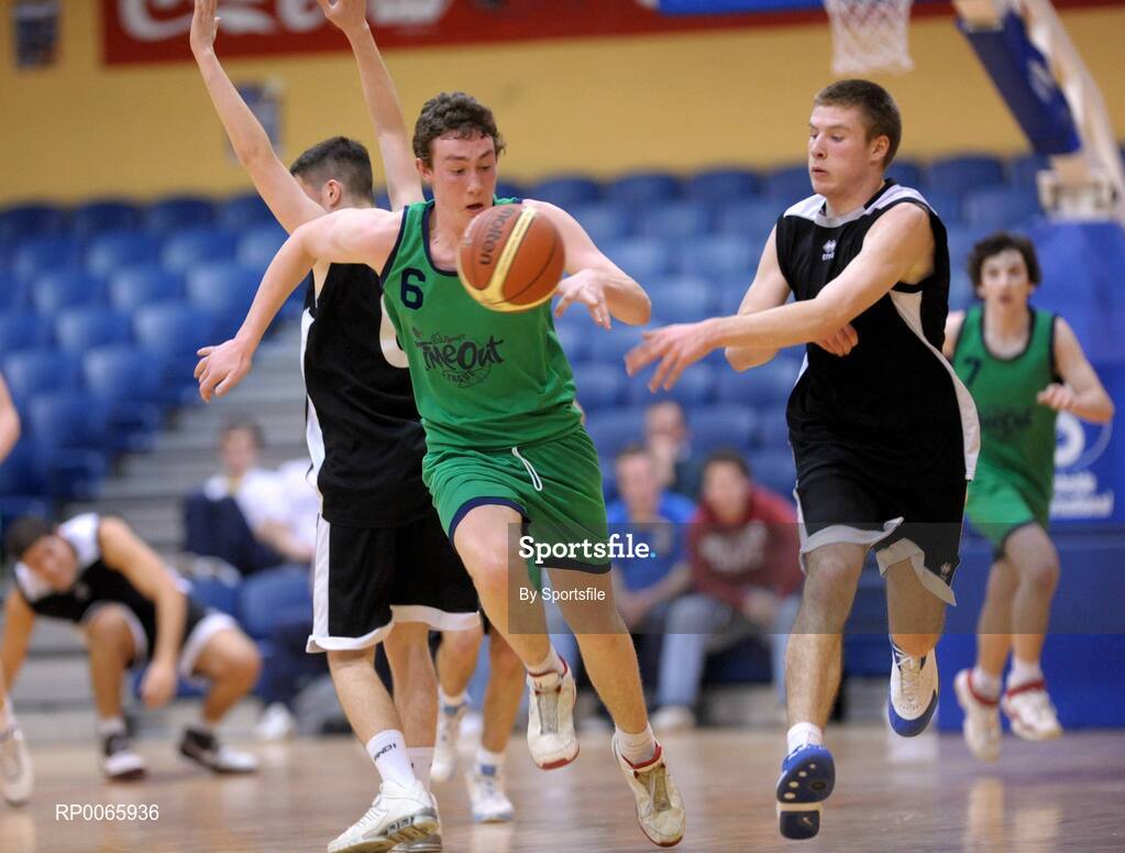 26 January 2009; Darren Tiernan, St. Aidan's Comprehensive, in action against Alan O'Donovan, Colaiste an Spioraid Naoimh. Basketball Ireland Schools Cup Finals, Boys U19 B Final, Colaiste an Spioraid Naoimh, Bishopstown, Cork v St. Aidans Comprehensive, Cootehill, Co Cavan, National Basketball Arena, Tallaght. Photo by Sportsfile