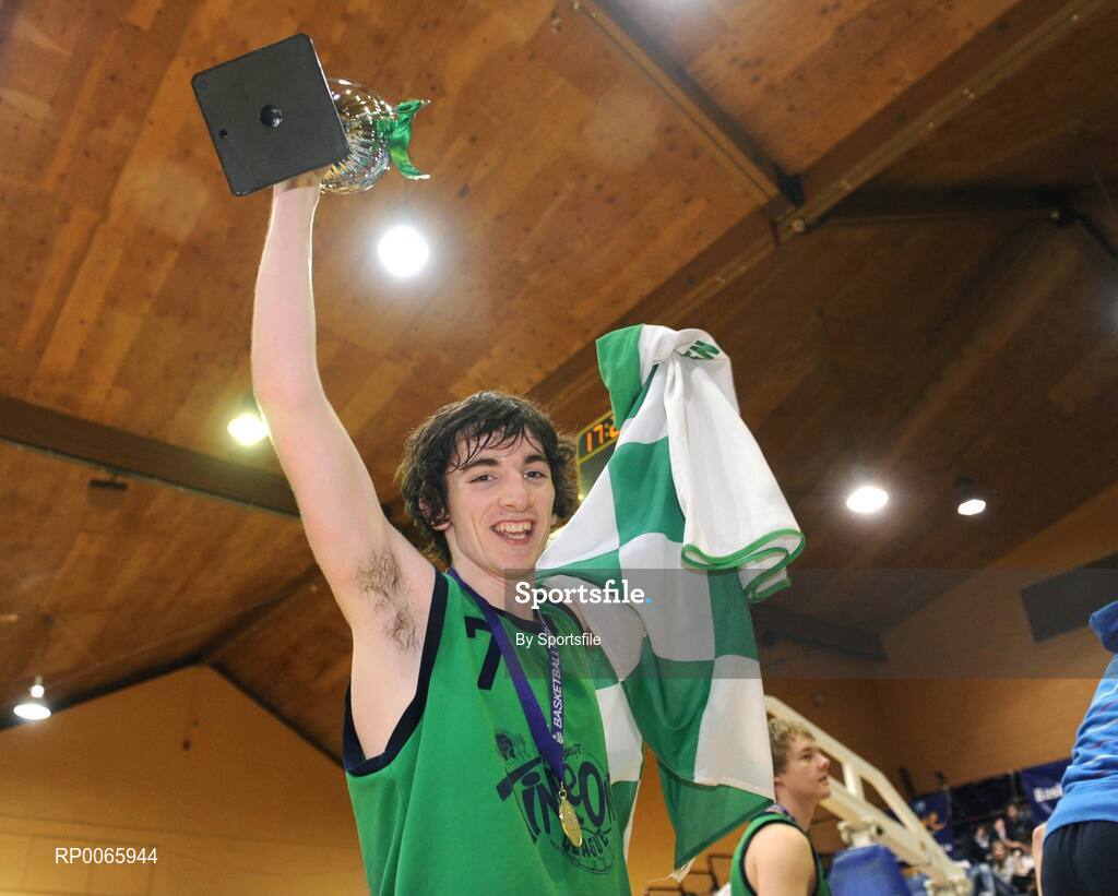 26 January 2009; St. Aidans Comprehensive captain Eoin Roche celebrates with the cup. Basketball Ireland Schools Cup Finals, Boys U19 B Final, Colaiste an Spioraid Naoimh, Bishopstown, Cork v St. Aidans Comprehensive, Cootehill, Co Cavan, National Basketball Arena, Tallaght. Photo by Sportsfile