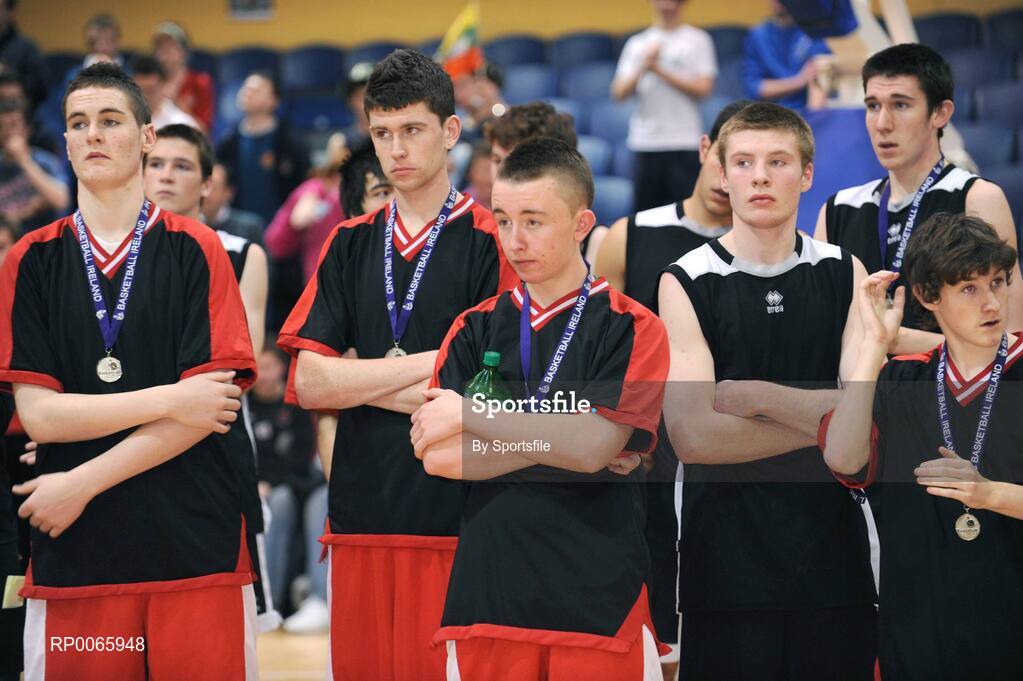26 January 2009; Dejected Colaiste an Spioraid Naoimh players at the end of the game. Basketball Ireland Schools Cup Finals, Boys U19 B Final, Colaiste an Spioraid Naoimh, Bishopstown, Cork v St. Aidans Comprehensive, Cootehill, Co Cavan, National Basketball Arena, Tallaght, Co. Dublin. Photo by Sportsfile