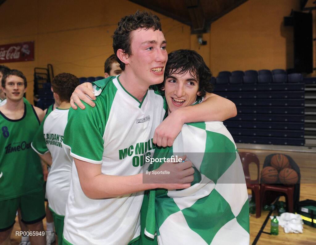 26 January 2009; Darren Tiernan, left, St. Aidans Comprehensive, celebrates with captain Eoin Roche at the end of the game. Basketball Ireland Schools Cup Finals, Boys U19 B Final, Colaiste an Spioraid Naoimh, Bishopstown, Cork v St. Aidans Comprehensive, Cootehill, Co. Cavan, National Basketball Arena, Tallaght, Co. Dublin. Photo by Sportsfile