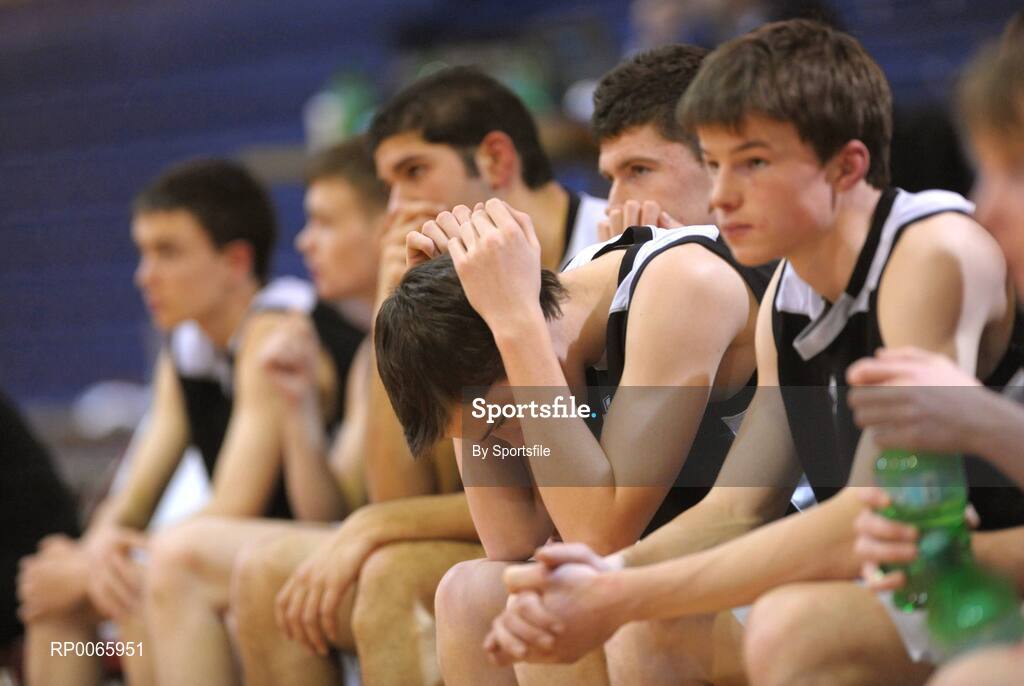 26 January 2009; A dejected Brendan Kiely, centre, Colaiste an Spioraid Naoimh, near the end of the game. Basketball Ireland Schools Cup Finals, Boys U19 B Final, Colaiste an Spioraid Naoimh, Bishopstown, Cork v St. Aidans Comprehensive, Cootehill, Co. Cavan, National Basketball Arena, Tallaght, Co. Dublin. Photo by Sportsfile