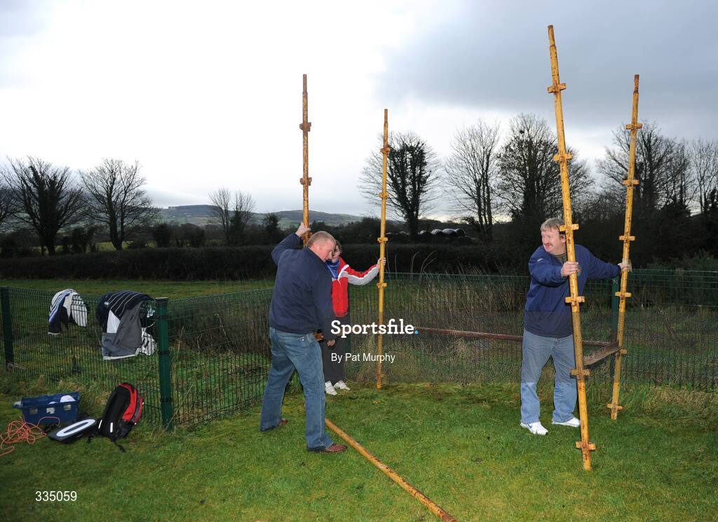25 January 2009; Groundsmen Michael Bryan, left, and Brian O'Neill construct the scoreboard before the game. Waterford Crystal Cup Hurling Final, Clare v Tipperary, Ogonnolloe, Co. Clare. Picture credit: Pat Murphy / SPORTSFILE