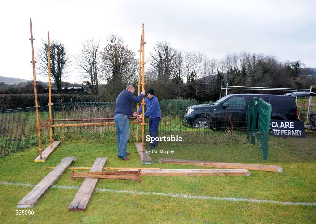 25 January 2009; Groundsmen Michael Bryan, left, and Pat Rice construct the scoreboard before the game. Waterford Crystal Cup Hurling Final, Clare v Tipperary, Ogonnolloe, Co. Clare. Picture credit: Pat Murphy / SPORTSFILE