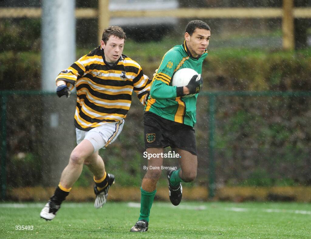 30 January 2009; Craig Dias, St. Benildus College, in action against Shane De Paore, Colaiste Eoin. Dublin Senior A Schools Semi-Final, St. Benildus College v Colaiste Eoin. Belfield, Dublin. Picture credit: Daire Brennan / SPORTSFILE