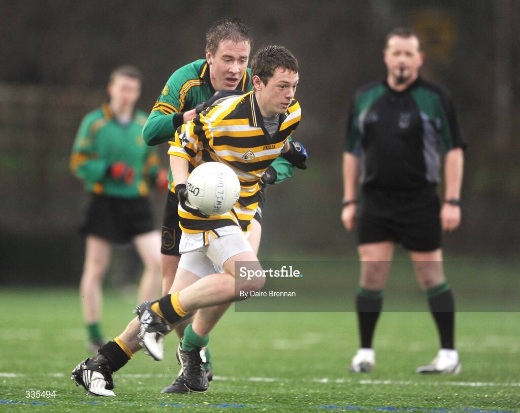 30 January 2009; Shane De Paore, Colaiste Eoin, in action against Brian Hanamy, St. Benildus College. Dublin Senior A Schools Football Semi-Final. St. Benildus College v Colaiste Eoin. Belfield, Dublin. Picture credit: Daire Brennan / SPORTSFILE