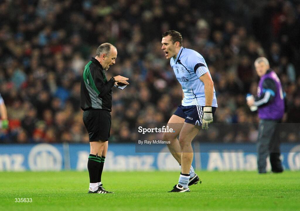 31 January 2009; Cieran Whelan, Dublin, remonstrates with referee Marty Duffy before being shown a black card. Allianz National Football League, Division 1, Round 1, Dublin v Tyrone, Croke Park, Dublin. Picture credit: Ray McManus / SPORTSFILE