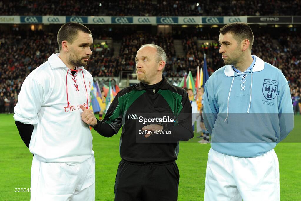 31 January 2009; Referee Marty Duffy with the Tyrone captain Ryan McMenamin and Dublin captain David Henry before the game. Allianz National Football League, Division 1, Round 1, Dublin v Tyrone, Croke Park, Dublin. Picture credit: Ray McManus / SPORTSFILE
