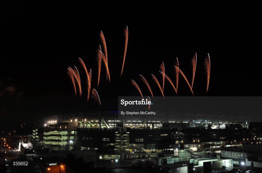 31 January 2009; A general view of the lighting and fireworks show during activities which marks the start of the 125th Anniversary Celebrations of the founding of the GAA in 1884. Dublin v Tyrone, Allianz GAA National Football League, Division 1, Round 1. Croke Park, Dublin. Picture credit: Stephen McCarthy / SPORTSFILE