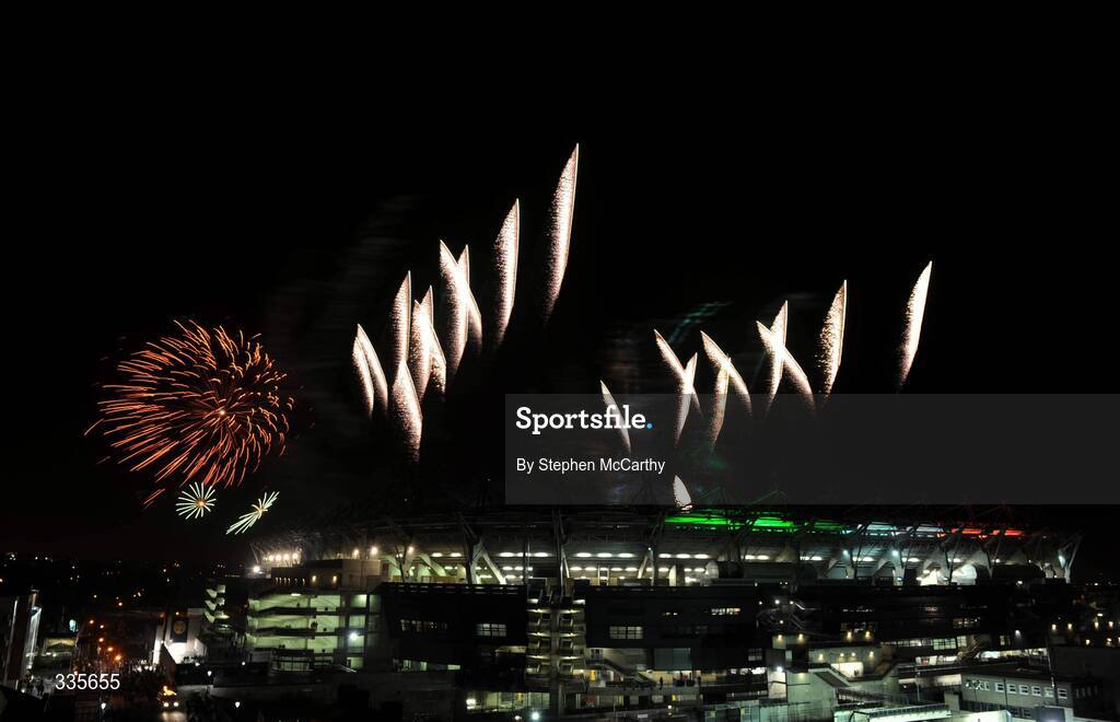 31 January 2009; A general view of the lighting and fireworks show during activities to mark the start of the 125th Anniversary Celebrations of the founding of the GAA in 1884. Dublin v Tyrone, Allianz GAA National Football League, Division 1, Round 1. Croke Park, Dublin. Picture credit: Stephen McCarthy / SPORTSFILE