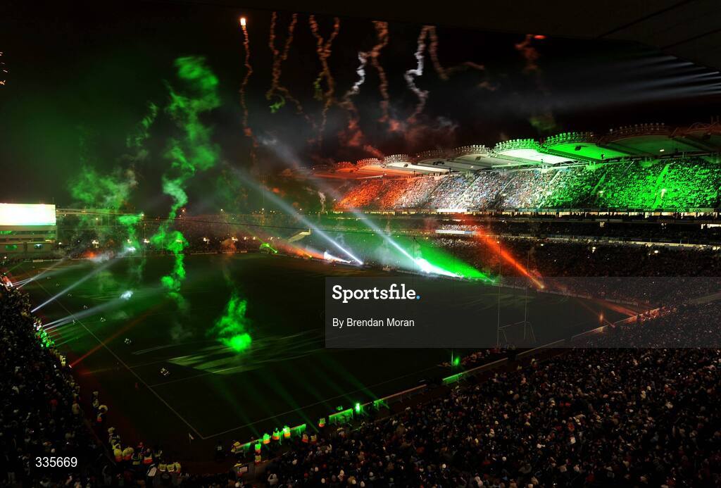 31 January 2009; Lights in the colour of an Irish tricolour during the lighting and fireworks show during activities which mark the start of the 125th Anniversary Celebrations of the founding of the GAA in 1884. Dublin v Tyrone, Allianz GAA National Football League, Division 1, Round 1. Croke Park, Dublin. Picture credit: Brendan Moran / SPORTSFILE