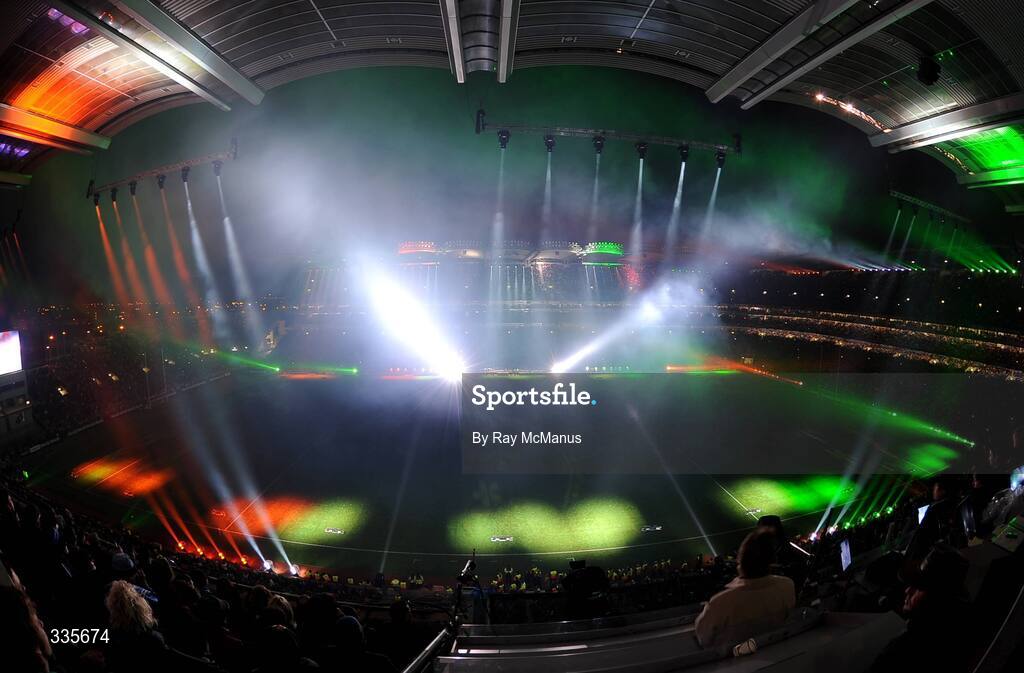 31 January 2009; Lights in the colour of an Irish tricolour during the lighting and fireworks show during activities which mark the start of the 125th Anniversary Celebrations of the founding of the GAA in 1884. Dublin v Tyrone, Allianz GAA National Football League, Division, Round 1. Croke Park, Dublin. Picture credit: Ray McManus / SPORTSFILE