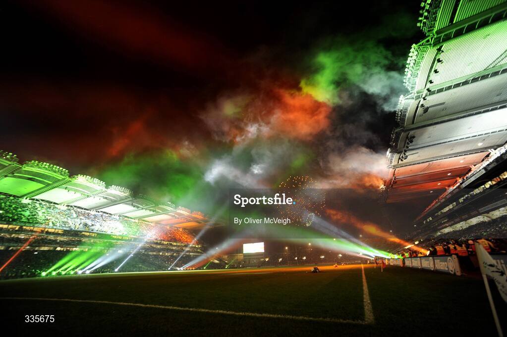 31 January 2009; Lights in the colour of an Irish tricolour during the lighting and fireworks show during activities which mark the start of the 125th Anniversary Celebrations of the founding of the GAA in 1884. Dublin v Tyrone, Allianz GAA National Football League, Division, Round 1. Croke Park, Dublin. Picture credit: Oliver McVeigh / SPORTSFILE