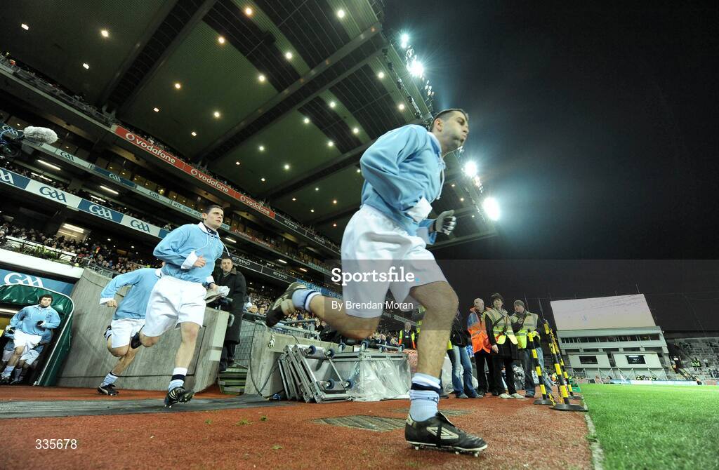 31 January 2009; Dublin captain David Henry leads his side out, while wearing Dublin 'retro playing kit', onto the pitch before the start of the game. Allianz National Football League, Division 1, Round 1, Dublin v Tyrone, Croke Park, Dublin. Picture credit: Brendan Moran / SPORTSFILE