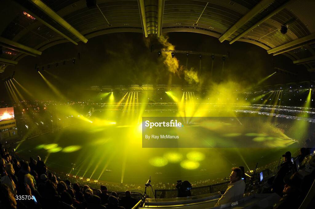 31 January 2009; A general view of the lighting and fireworks show during activities to mark the start of the 125th Anniversary Celebrations of the founding of the GAA in 1884. Dublin v Tyrone, Allianz GAA National Football League, Division 1, Round 1. Croke Park, Dublin. Picture credit: Ray McManus / SPORTSFILE