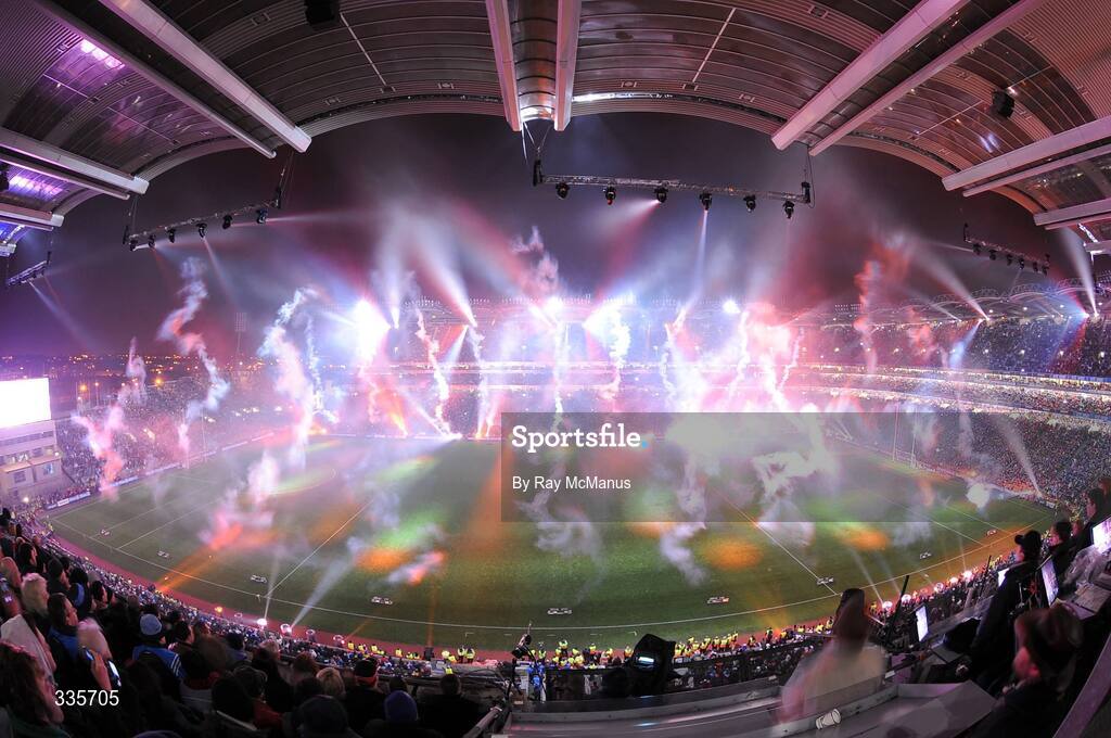 31 January 2009; A general view of the lighting and fireworks show during activities to mark the start of the 125th Anniversary Celebrations of the founding of the GAA in 1884. Dublin v Tyrone, Allianz GAA National Football League, Division 1, Round 1. Croke Park, Dublin. Picture credit: Ray McManus / SPORTSFILE