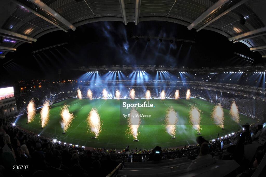 31 January 2009; A general view of the lighting and fireworks show during activities to mark the start of the 125th Anniversary Celebrations of the founding of the GAA in 1884. Dublin v Tyrone, Allianz GAA National Football League, Division 1, Round 1. Croke Park, Dublin. Picture credit: Ray McManus / SPORTSFILE