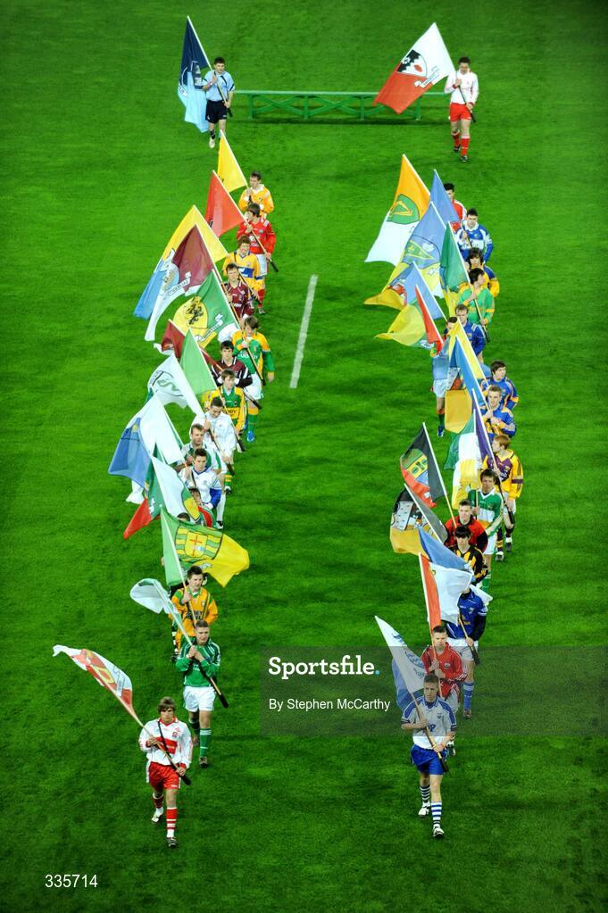 31 January 2009; Flag bearers parade around the pitch before the game to mark the start of the 125th Anniversary Celebrations of the founding of the GAA in 1884. Dublin v Tyrone, Allianz GAA National Football League, Division 1, Round 1. Croke Park, Dublin. Picture credit: Stephen McCarthy / SPORTSFILE