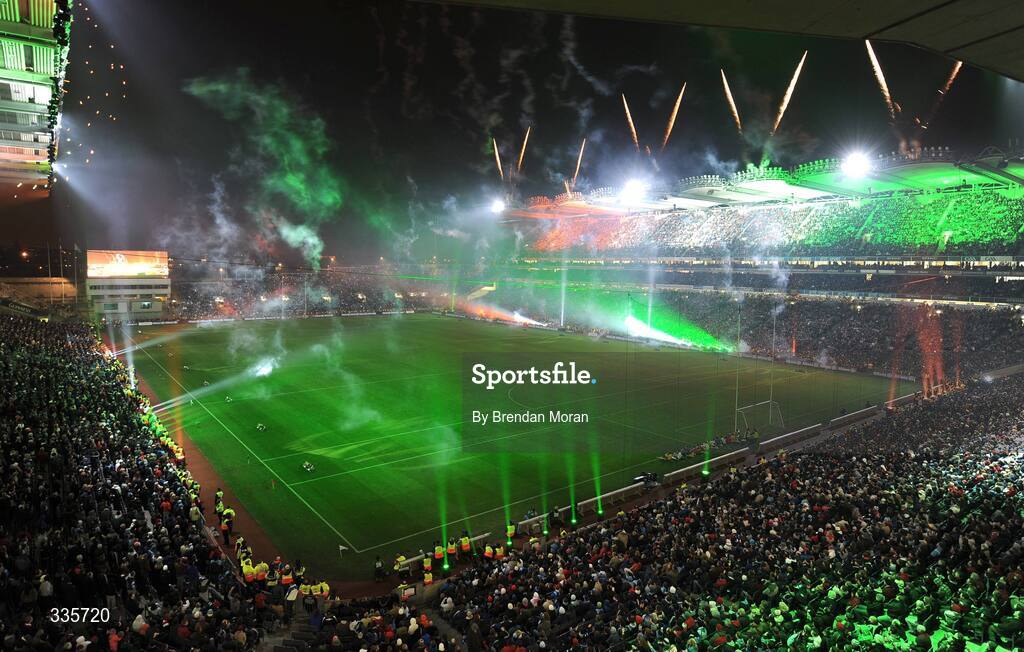 31 January 2009; Lights in the colour of an Irish tricolour in the lighting and fireworks show during activities which mark the start of the 125th Anniversary Celebrations of the founding of the GAA in 1884. Dublin v Tyrone, Allianz GAA National Football League, Division 1, Round 1. Croke Park, Dublin. Picture credit: Brendan Moran / SPORTSFILE