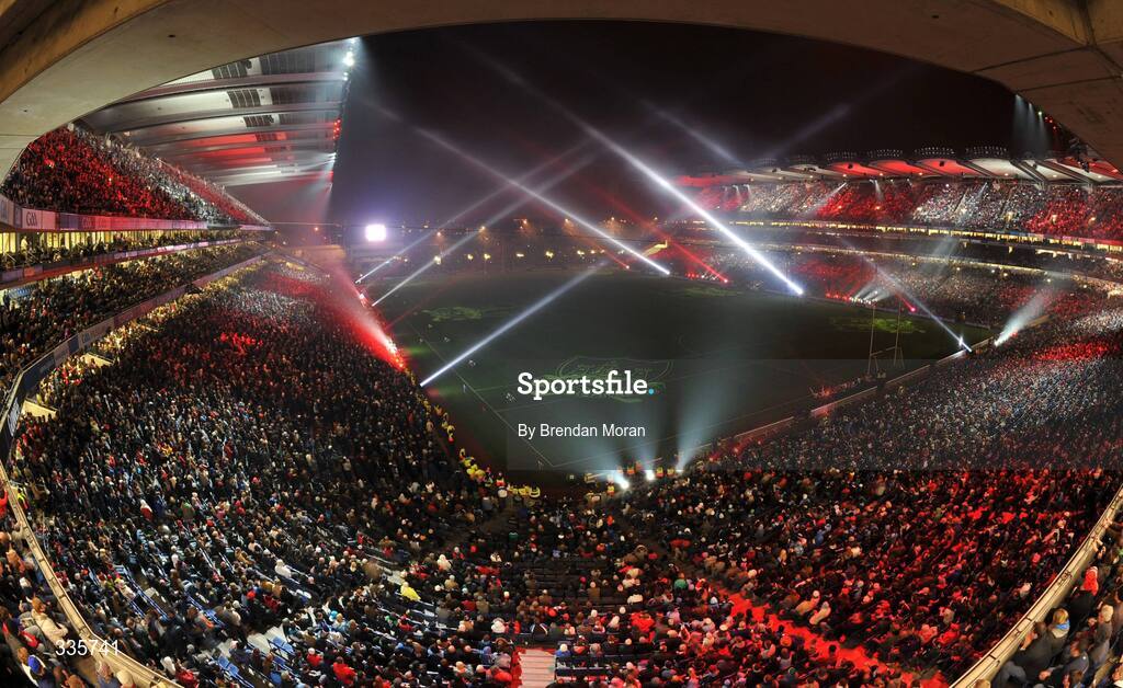 31 January 2009; The Cork county crest is shown in the lighting and fireworks show during activities which mark the start of the 125th Anniversary Celebrations of the founding of the GAA in 1884. Dublin v Tyrone, Allianz GAA National Football League, Division 1, Round 1. Croke Park, Dublin. Picture credit: Brendan Moran / SPORTSFILE