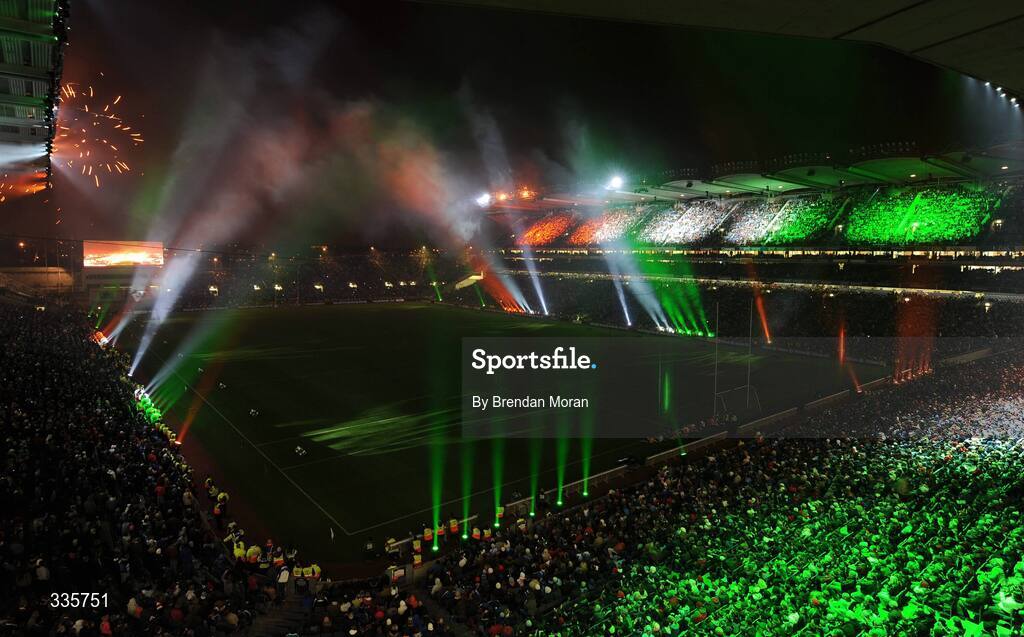 31 January 2009; Lights in the colour of an Irish tricolour during the lighting and fireworks show during activities which mark the start of the 125th Anniversary Celebrations of the founding of the GAA in 1884. Dublin v Tyrone, Allianz GAA National Football League, Division 1, Round 1. Croke Park, Dublin. Picture credit: Brendan Moran / SPORTSFILE