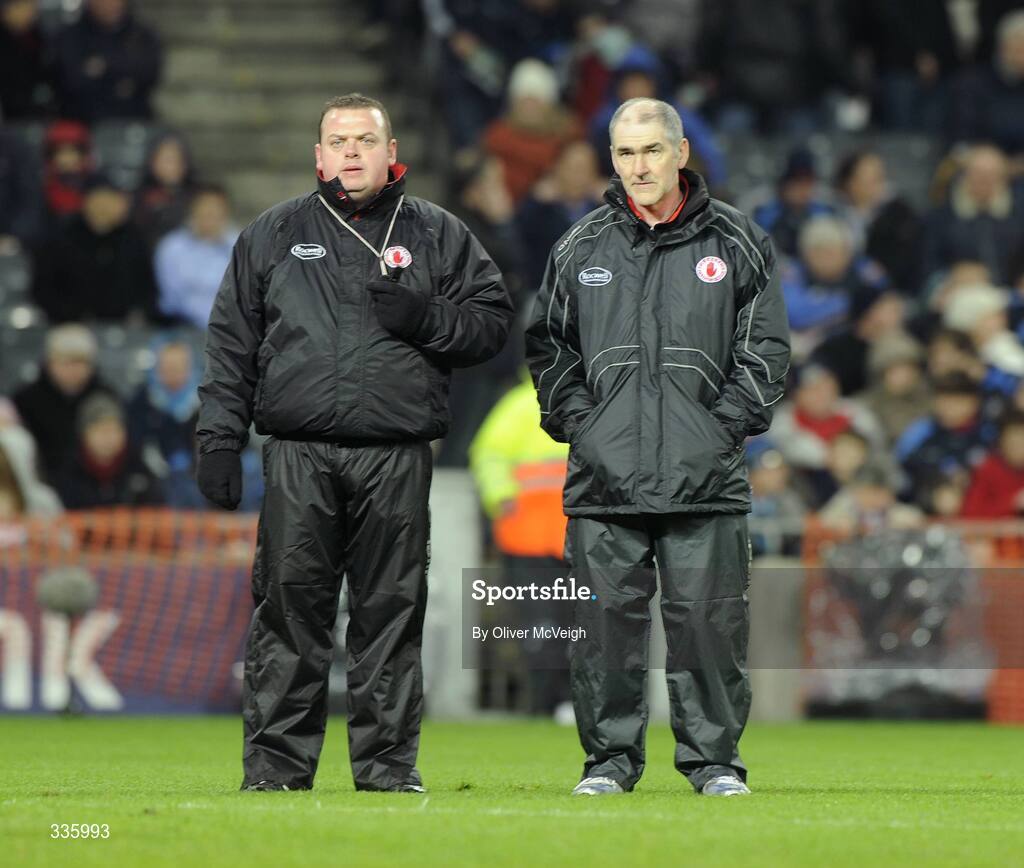 31 January 2009; Tyrone manager Mickey Harte, right, along with team trainer Fergal McCann before the game. Allianz National Football League, Division 1, Round 1, Dublin v Tyrone, Croke Park, Dublin. Picture credit: Oliver McVeigh / SPORTSFILE