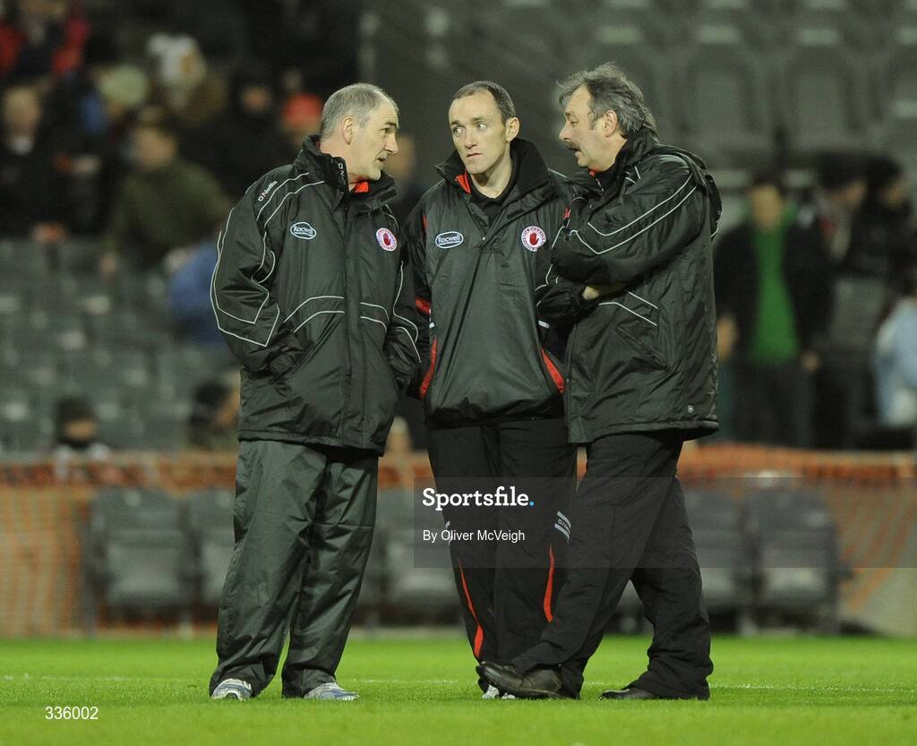 31 January 2009; Tyrone Manager Mickey Harte, left, with Brian Dooher, centre, and assistant manager Tony Donnelly before the game. Allianz National Football League, Division 1, Round 1, Dublin v Tyrone, Croke Park, Dublin. Picture credit: Oliver McVeigh / SPORTSFILE