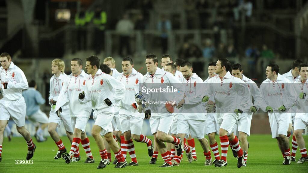 31 January 2009; The Tyrone team warm-up, while wearing 'retro playing kit', before the game. Allianz National Football League, Division 1, Round 1, Dublin v Tyrone, Croke Park, Dublin. Picture credit: Oliver McVeigh / SPORTSFILE
