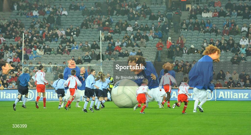 31 February 2009; School children play a game against characters during activities which mark the start of the 125th Anniversary Celebrations of the founding of the GAA in 1884. Dublin v Tyrone, Allianz GAA National Football League, Division, Round 1. Croke Park, Dublin. Picture credit: Brendan Moran / SPORTSFILE