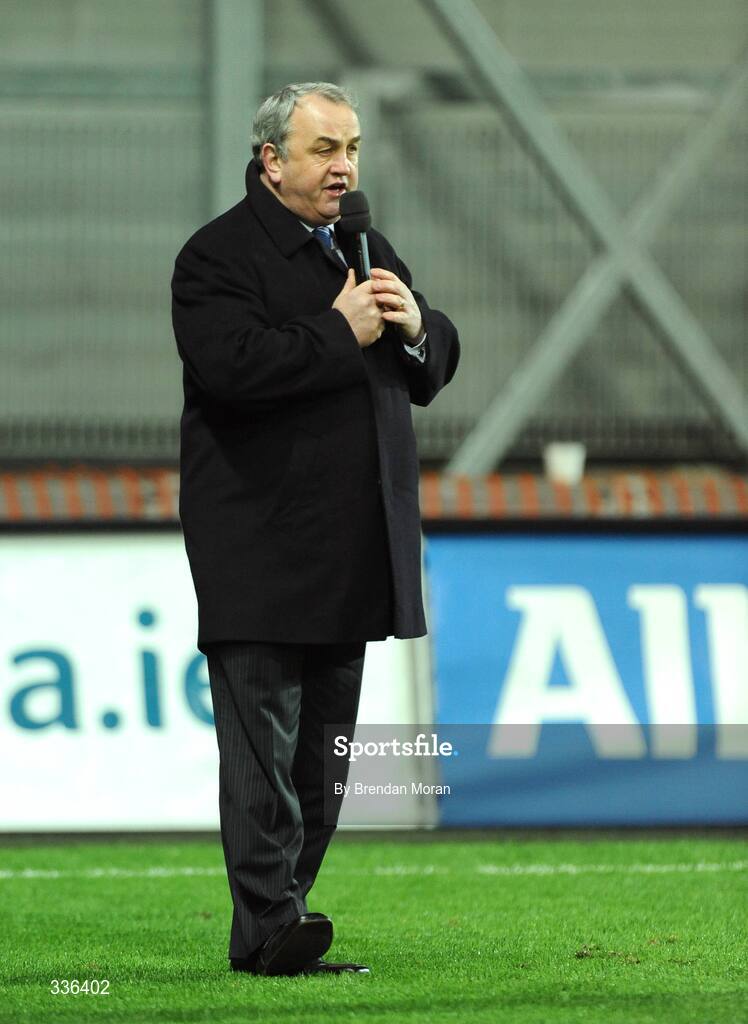 31 January 2009; GAA President Nickey Brennan speaking to the crowd during activities which mark the start of the 125th Anniversary Celebrations of the founding of the GAA in 1884. Dublin v Tyrone, Allianz GAA National Football League, Division, Round 1. Croke Park, Dublin. Picture credit: Brendan Moran / SPORTSFILE