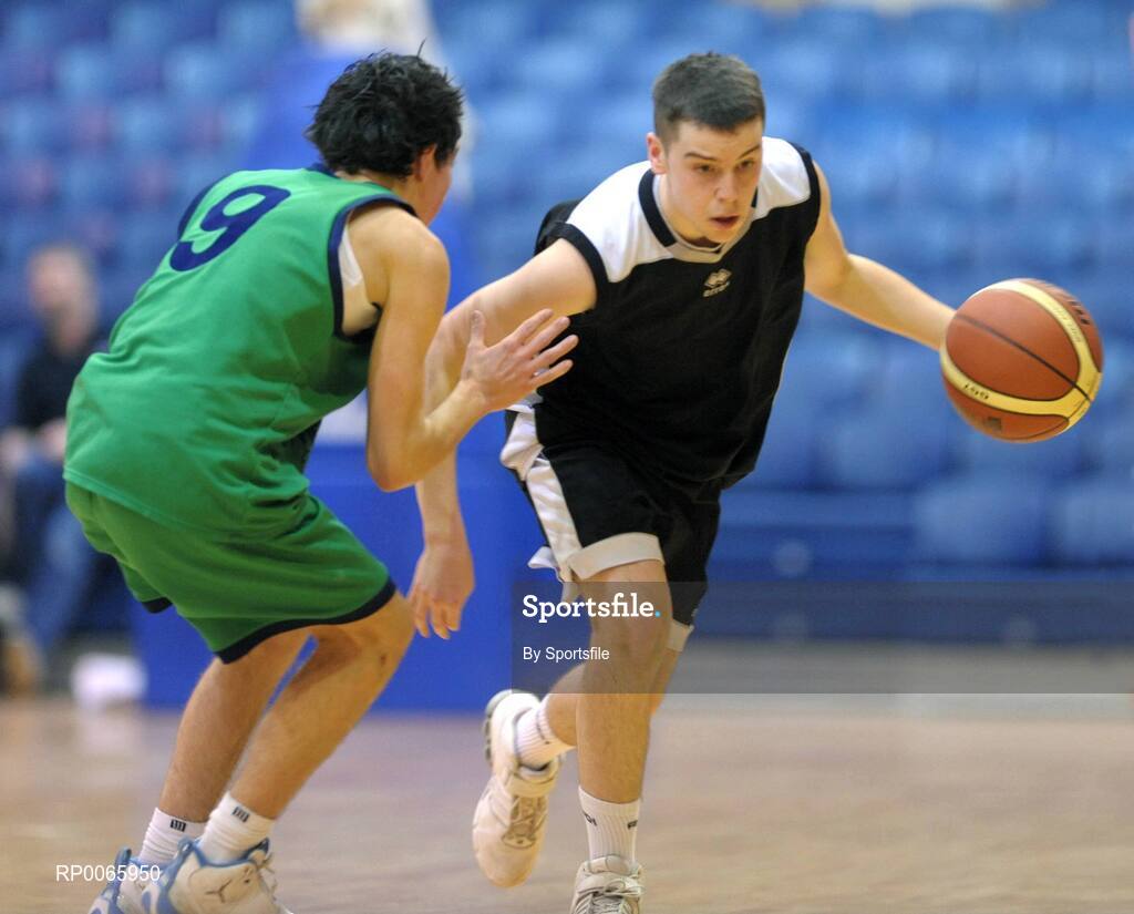26 January 2009; Conor Deasy, Colaiste an Spioraid Naoimh, in action against Dean Connolly, St. Aidans Comprehensive. Basketball Ireland Schools Cup Finals, Boys U19 B Final, Colaiste an Spioraid Naoimh, Bishopstown, Cork v St. Aidans Comprehensive, Cootehill, Co. Cavan, National Basketball Arena, Tallaght, Co. Dublin. Photo by Sportsfile