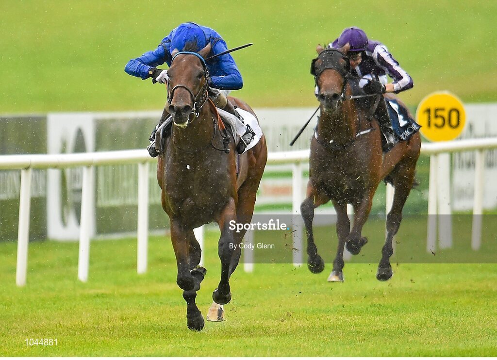 23 August 2015; Herald The Dawn, with Kevin Manning up, on their way to winning the Galileo European Breeders Fund Futurity Stakes. Horse Racing from the Curragh. Curragh, Co. Kildare. Picture credit: Cody Glenn / SPORTSFILE